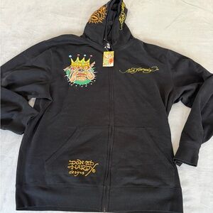Ed Hardy Black Hoodie with Colorful Crowned Bulldog Motif